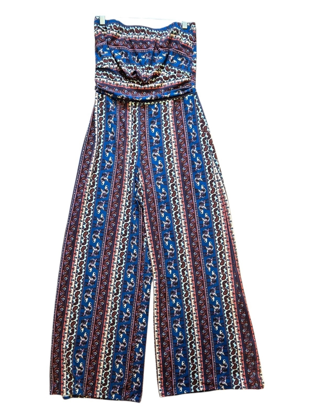 Boho Hippie Printed Strapless Wide Leg Jumpsuit Popover Palazzo Sz Lg